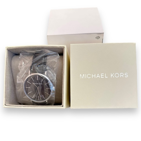 NEW - Michael Kors Aiden Black Leather 3-Hand Watch MK7145 - Picture 3 of 4